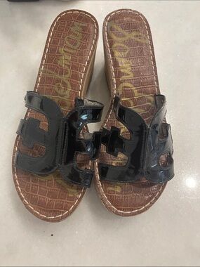 Sam Edelman Black Patent Slide Sandals Wedge Cork  for Women
